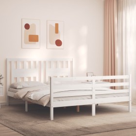 Double bed frame with white solid wood headboard by vidaXL, Beds and slatted bases - Ref: Foro24-3194577, Price: 145,99 €, Di...