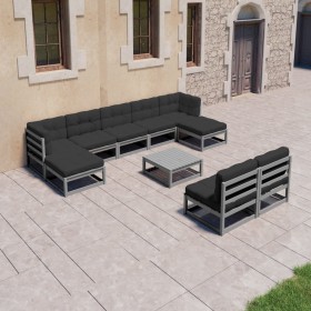 10-teiliges Gartenmöbel-Set mit Kissen aus grauem Kiefernholz von vidaXL, Gartensets - Ref: Foro24-3077141, Preis: 791,22 €, ...