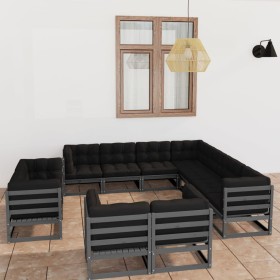 Set de muebles de jardín 11 pzas con cojines madera pino gris de vidaXL, Conjuntos de jardín - Ref: Foro24-3076996, Precio: 9...