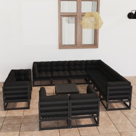 Set de muebles de jardín 12 pzas con cojines madera pino negro de vidaXL, Conjuntos de jardín - Ref: Foro24-3077003, Precio: ...