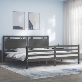 Gray solid wood bed frame with headboard 200x200 cm by vidaXL, Beds and slatted bases - Ref: Foro24-3194073, Price: 187,99 €,...