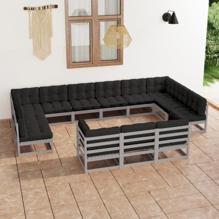 Set de muebles de jardín 13 pzas con cojines madera pino gris de vidaXL, Conjuntos de jardín - Ref: Foro24-3077286, Precio: 1...