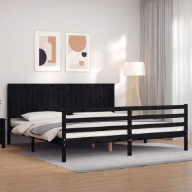 Bed frame with black solid wood headboard 200x200 cm by vidaXL, Beds and slatted bases - Ref: Foro24-3194790, Price: 184,89 €...