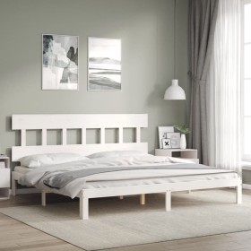 White solid wood bed frame with headboard 200x200 cm by vidaXL, Beds and slatted bases - Ref: Foro24-3193617, Price: 163,99 €...