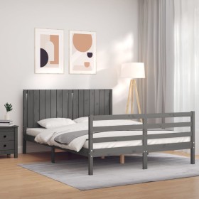 Gray solid wood bed frame with headboard 160x200 cm by vidaXL, Beds and slatted bases - Ref: Foro24-3194778, Price: 180,99 €,...