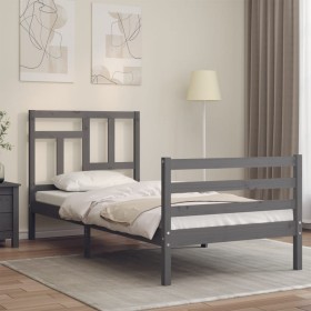 Gray solid wood bed frame with headboard 90x200 cm by vidaXL, Beds and slatted bases - Ref: Foro24-3194948, Price: 99,99 €, D...