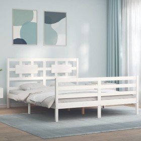 Double bed frame with white solid wood headboard by vidaXL, Beds and slatted bases - Ref: Foro24-3194447, Price: 144,99 €, Di...