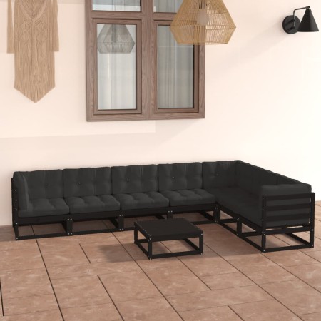 Set de muebles de jardín 8 pzas con cojines madera pino negro de vidaXL, Conjuntos de jardín - Ref: Foro24-3076803, Precio: 8...