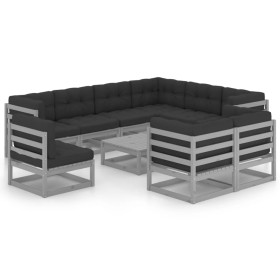 10-piece garden furniture set with gray pine wood cushions by vidaXL, Garden sets - Ref: Foro24-3076861, Price: 864,99 €, Dis...