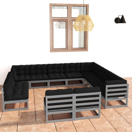 Set de muebles de jardín 12 pzas con cojines madera pino gris de vidaXL, Conjuntos de jardín - Ref: Foro24-3076946, Precio: 1...