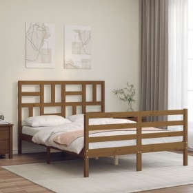 Double bed frame with honey brown wooden headboard by vidaXL, Beds and slatted bases - Ref: Foro24-3194869, Price: 160,99 €, ...