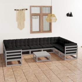 10-piece garden furniture set with gray pine wood cushions by vidaXL, Garden sets - Ref: Foro24-3078146, Price: 850,35 €, Dis...