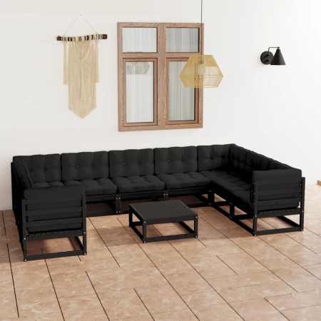 Garden furniture 10 pieces and cushions black solid pine wood by vidaXL, Garden sets - Ref: Foro24-3078148, Price: 1,00 €, Di...