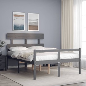 Gray solid wood bed frame with headboard 140x200 cm by vidaXL, Beds and slatted bases - Ref: Foro24-3195353, Price: 133,99 €,...