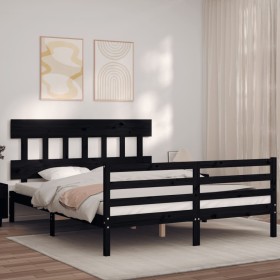 Bed frame with black solid wood headboard 160x200 cm by vidaXL, Beds and slatted bases - Ref: Foro24-3195170, Price: 154,99 €...