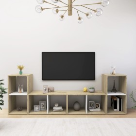 Living room furniture set, 4 pieces, engineered wood, white and Sonoma oak. by vidaXL, TV Furniture - Ref: Foro24-3079975, Pr...