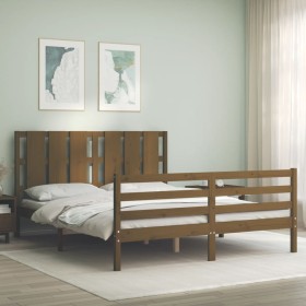 Double bed frame with honey brown wooden headboard by vidaXL, Beds and slatted bases - Ref: Foro24-3194124, Price: 162,99 €, ...