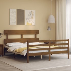 Double bed frame with honey brown wooden headboard by vidaXL, Beds and slatted bases - Ref: Foro24-3195099, Price: 149,99 €, ...