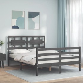 Gray solid wood bed frame with headboard 140x200 cm by vidaXL, Beds and slatted bases - Ref: Foro24-3194443, Price: 162,99 €,...