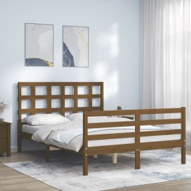 Double bed frame with honey brown wooden headboard by vidaXL, Beds and slatted bases - Ref: Foro24-3193959, Price: 150,99 €, ...