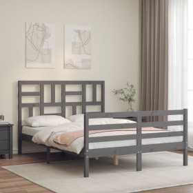 Double bed frame with gray solid wood headboard by vidaXL, Beds and slatted bases - Ref: Foro24-3194868, Price: 159,88 €, Dis...