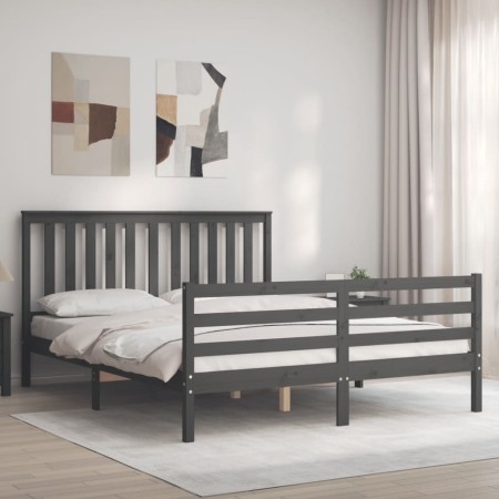 Gray solid wood bed frame with headboard 160x200 cm by vidaXL, Beds and slatted bases - Ref: Foro24-3194258, Price: 159,99 €,...