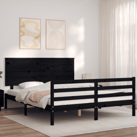 Bed frame with black solid wood headboard 160x200 cm by vidaXL, Beds and slatted bases - Ref: Foro24-3195235, Price: 164,99 €...