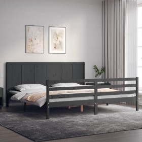 Gray solid wood bed frame with headboard 200x200 cm by vidaXL, Beds and slatted bases - Ref: Foro24-3194528, Price: 187,99 €,...