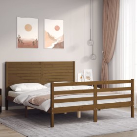 Double bed frame with honey brown wooden headboard by vidaXL, Beds and slatted bases - Ref: Foro24-3195034, Price: 203,06 €, ...