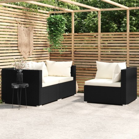 Set de muebles de jardín 3 pzas y cojines ratán sintético negro de vidaXL, Sofás modulares de exterior - Ref: Foro24-317494, ...