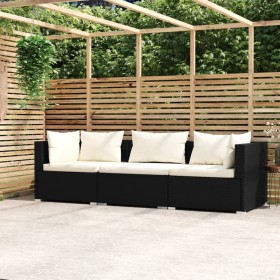 3-Sitzer-Sofa mit schwarzen synthetischen Rattan-Kissen von vidaXL, Gartensets - Ref: Foro24-317489, Preis: 295,71 €, Rabatt: %