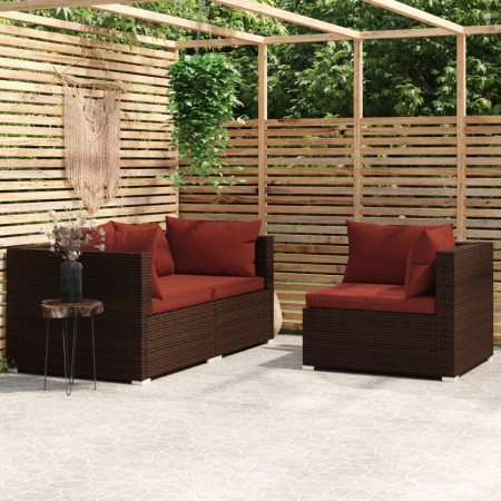 3-teiliges Gartenmöbel-Set und braune synthetische Rattankissen von vidaXL, Modulare Sofas für den Außenbereich - Ref: Foro24...