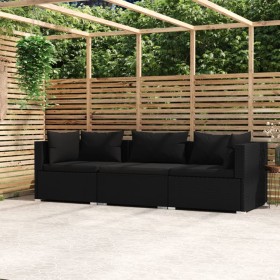 3-Sitzer-Sofa mit schwarzen synthetischen Rattankissen von vidaXL, Gartensets - Ref: Foro24-317522, Preis: 340,26 €, Rabatt: %