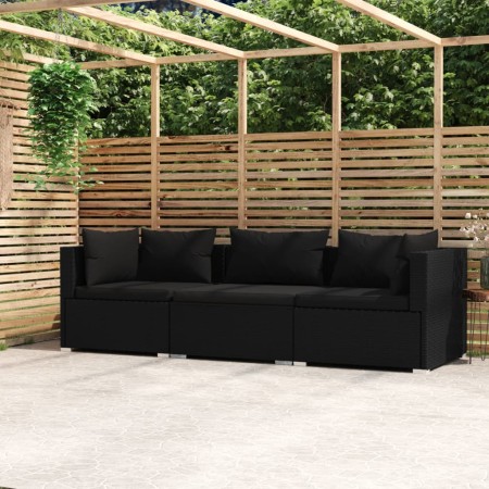 3-Sitzer-Sofa mit schwarzen synthetischen Rattankissen von vidaXL, Gartensets - Ref: Foro24-317522, Preis: 319,99 €, Rabatt: %