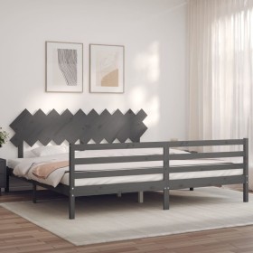 Gray solid wood bed frame with headboard 200x200cm by vidaXL, Beds and slatted bases - Ref: Foro24-3195308, Price: 170,39 €, ...