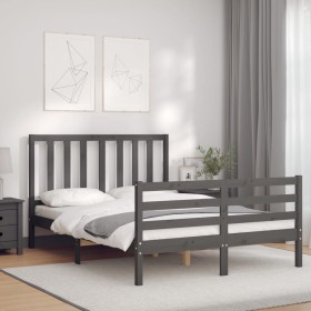 Double bed frame with gray solid wood headboard by vidaXL, Beds and slatted bases - Ref: Foro24-3193828, Price: 151,99 €, Dis...