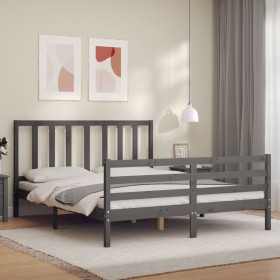 Double bed frame with gray solid wood headboard by vidaXL, Beds and slatted bases - Ref: Foro24-3193863, Price: 153,97 €, Dis...