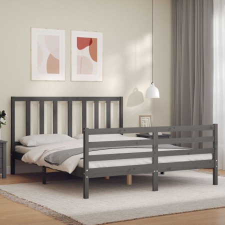 Estructura de cama matrimonio con cabecero madera maciza gris de vidaXL, Camas y somieres - Ref: Foro24-3193863, Precio: 153,...