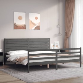 Gray solid wood bed frame with headboard 200x200 cm by vidaXL, Beds and slatted bases - Ref: Foro24-3195048, Price: 186,99 €,...