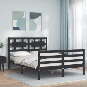 Bed frame with black solid wood headboard 140x200 cm by vidaXL, Beds and slatted bases - Ref: Foro24-3194445, Price: 160,99 €...