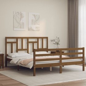 Double bed frame with honey brown wooden headboard by vidaXL, Beds and slatted bases - Ref: Foro24-3194969, Price: 148,99 €, ...