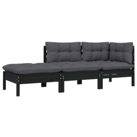 Gartenmöbel 3tlg. mit Kissen schwarz massivem Kiefernholz von vidaXL, Modulare Sofas für den Außenbereich - Ref: Foro24-80666...