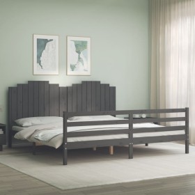 Gray solid wood bed frame with headboard 200x200 cm by vidaXL, Beds and slatted bases - Ref: Foro24-3194203, Price: 189,99 €,...