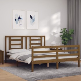 Double bed frame with honey brown wooden headboard by vidaXL, Beds and slatted bases - Ref: Foro24-3194709, Price: 151,99 €, ...