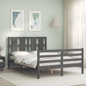 Gray solid wood bed frame with headboard 140x200 cm by vidaXL, Beds and slatted bases - Ref: Foro24-3194118, Price: 164,99 €,...