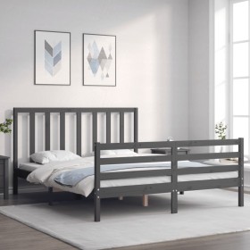 Gray solid wood bed frame with headboard 160x200 cm by vidaXL, Beds and slatted bases - Ref: Foro24-3193803, Price: 153,99 €,...