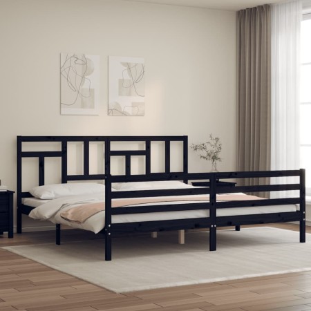 Bed frame with black solid wood headboard 200x200 cm by vidaXL, Beds and slatted bases - Ref: Foro24-3194985, Price: 164,38 €...