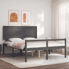 Gray solid wood bed frame with headboard 160x200 cm by vidaXL, Beds and slatted bases - Ref: Foro24-3195493, Price: 164,99 €,...