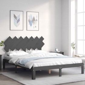 Double bed frame with gray solid wood headboard by vidaXL, Beds and slatted bases - Ref: Foro24-3193733, Price: 156,05 €, Dis...