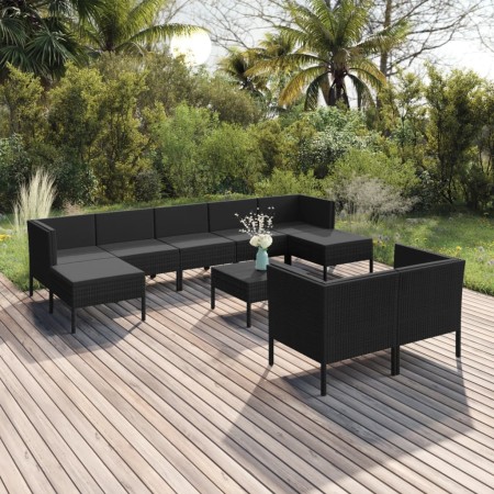 Set muebles de jardín 10 pzas y cojines ratán sintético negro de vidaXL, Conjuntos de jardín - Ref: Foro24-3094577, Precio: 6...